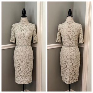 NEW MON CHERI SZ 4 OYSTER LACE ILLUSION BEADED FORMAL DRESS